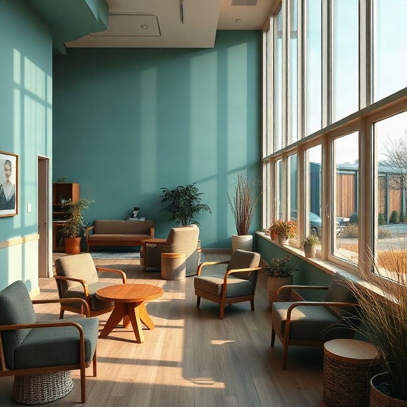 Sala común moderna con paredes teal y luz natural en Sparkclumen